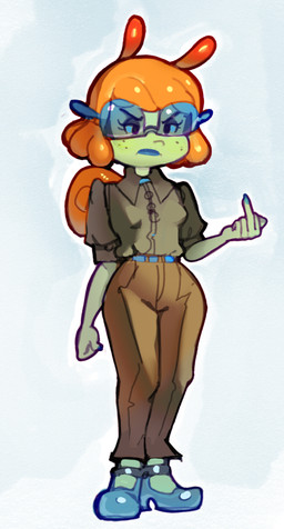 5_fingers antennae_(anatomy) anthro belt biped blue_belt blue_clothing blue_footwear blue_lipstick blue_nail_polish blue_shoes bottomwear breasts brown_bottomwear brown_clothing brown_pants clothed clothing eyewear female fingers flesh_hair footwear freckled_face freckles frown fully_clothed gastropod_shell gesture glasses green_body green_skin hair hand_gesture lipstick makeup middle_finger mollusk_shell orange_hair pants shell shoes simple_background small_breasts solo tan_clothing tan_topwear topwear wearing_glasses white_background foursnail selena_(foursnail) gastropod mollusk snail hi_res