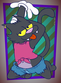 3_toes 4_fingers abstract_background anthro barefoot bedroom_eyes belly black_body black_eyes black_fur blue_bottomwear blue_clothing blue_jeans blue_pants bottomwear cheek_tuft clothing crop_top daisy_dukes denim denim_bottomwear denim_clothing denim_shorts ear_piercing ear_ring ears_back facial_tuft fangs feet fingers fur glance gloves grin grinning_at_viewer half-closed_eyes hand_on_head hand_on_own_head handwear head_tuft hotpants jeans kneeling looking_at_viewer male midriff multicolored_belly narrowed_eyes navel pants pattern_background paws piercing pink_clothing pink_crop_top pink_nose pink_shirt pink_tank_top pink_topwear pivoted_ears plantigrade pose purple_belly purple_body purple_fur raised_heel ring_piercing seductive shirt shorts simple_background slightly_chubby slightly_chubby_anthro slightly_chubby_male smile smiling_at_viewer smirk smirking_at_viewer smug smug_eyes smug_face smug_grin solo striped_background tank_top teeth tiptoes toes tongue tongue_out topwear torn_bottomwear torn_clothing torn_jeans torn_pants tuft two_tone_belly white_clothing white_gloves white_handwear wide_hips yellow_sclera gavanzude 20th_century_fox gracie_films the_itchy_and_scratchy_show the_simpsons scratchy_(the_simpsons) domestic_cat felid feline felis mammal 2025 alternate_version_at_paywall colored digital_drawing_(artwork) digital_media_(artwork) flat_colors hi_res pinup signature