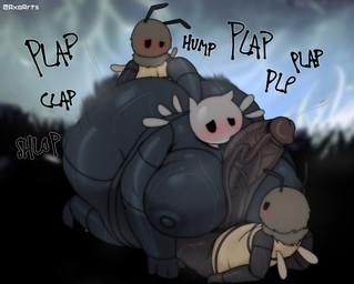 2_antennae all_fours anal anal_penetration antennae_(anatomy) anthro big_butt big_moobs big_penis black_antennae black_body black_eyes black_nipples black_tail blush bodily_fluids brown_body butt genital_fluids genitals grey_body group half-closed_eyes huge_butt huge_penis hyper hyper_genitalia hyper_penis insect_wings looking_at_another looking_pleasured lying male male/male male_penetrated male_penetrating male_penetrating_male moobjob moobs motion_lines multicolored_body narrowed_eyes nipples obese obese_anthro obese_male on_back onomatopoeia overweight overweight_anthro overweight_male penetration penile penile_penetration penis penis_in_ass precum sex short_tail size_difference small_dom_big_sub small_top_big_bottom sound_effects tail text thick_thighs three-quarter_view trio two_tone_body vein veiny_penis wings yellow_body yellow_wings axoarts hollow_knight_(franchise) team_cherry arthropod bee boofly_(hollow_knight) fly_(animal) hymenopteran insect 2025 artist_name digital_media_(artwork) hi_res