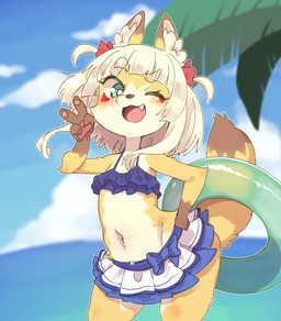 anthro bikini bikini_bralette bikini_skirt bottomwear bow_ribbon clothing cloud countershade_face countershade_legs countershade_neck countershade_thighs countershade_torso countershading cute_fangs dipstick_ears dipstick_tail ear_markings fangs female female_anthro fluffy fluffy_tail frilly frilly_bikini frilly_clothing frilly_swimwear gesture gloves_(marking) green_eyes hair hand_gesture happy inflatable inner_ear_fluff inner_tube kemono layered_bikini markings midriff multicolored_ears navel one_eye_closed open_mouth outside pool_float pose pupils sea skirt sky solo standing swimwear tail tail_markings teeth tuft two-piece_swimsuit v_sign water white_body white_hair white_pupils yellow_body young young_anthro young_female youki029 canid canine fox mammal hi_res