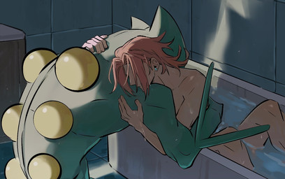 anthro bathroom bathtub duo ear_piercing ear_stud hair hand_on_neck hug hugging_another in_bath in_bathtub light long_hair male male/male muscular nude partially_submerged piercing romantic romantic_couple wet laiweitui nintendo pokemon a_mu_(laiweitui) fang_yuan_(laiweitui) pokemon_trainer generation_3_pokemon human mammal pokemon_(species) reptile scalie sceptile hi_res lighting