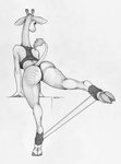 anthro big_butt big_ears bra breasts butt clothing cloven_hooves exercise eyelashes female hooves horn long_neck ossicone panties solo sports_bra sports_panties stretching tail tail_tuft tuft underwear workout ecmajor giraffe giraffid mammal 2018 greyscale hi_res monochrome sketch traditional_media_(artwork)