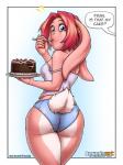 anthro big_butt blue_clothing blue_eyes blue_panties blue_underwear breasts butt butt_pose cake camisole clothed clothing dessert eating female food fur hair looking_back medium_breasts panties pink_body pink_fur pink_hair plate pose rear_view solo speech_bubble text thick_thighs underwear underwear_only white_camisole wide_hips keiron_white fran_cervice lagomorph leporid mammal rabbit 2016 3:4 english_text