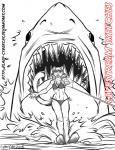 anthro bikini clothing duo female feral jaws looking_at_viewer male open_mouth smile swimwear two-piece_swimsuit cybercat jaws_(film) jaws_2 universal_studios felid fish mackerel_shark mammal marine megalodon prehistoric_species shark monochrome