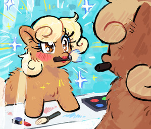 blonde_hair blue_eyeshadow blush brown_body brown_fur brush curly_hair eyelashes eyeshadow featureless_hands female female_feral feral fur hair happy lipstick makeup makeup_brush mascara mirror mirror_reflection mouth_hold reflection smile solo sparkles sparkling_eyes sheep-kinta fluffy_pony fluffy_pony_(species) mammal 2024 digital_media_(artwork)