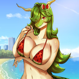 accessory anthro arm_under_breasts beach big_breasts bikini breasts city cityscape clothing covered_breasts female green_hair green_horn hair hair_accessory hair_piece horn leaf looking_at_viewer print_bikini print_clothing print_swimwear red_clothing red_eyes red_swimwear skimpy_swimwear solo swimwear two-piece_swimsuit watermelon_bikini watermelon_pattern watermelon_print okidouchie melonie_(spirit_shadow) kobold scalie watermelon_kobold 1:1 hi_res
