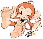 5_fingers 5_toes anthro barefoot clothed clothing feet female fingers foot_focus humanoid_feet humanoid_pointy_ears light_body light_skin looking_at_viewer one_eye_closed open_mouth open_smile plantigrade pointy_ears simple_background smile soles solo toes white_background wink oyatsu super_monkey_ball super_monkey_ball_banana_rumble palette_(super_monkey_ball) haplorhine mammal monkey primate absurd_res hi_res signature