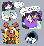 anthro antlers black_hair blonde_hair buckteeth dialogue female group hair horn hug looking_at_viewer male smile spades_(suit) suit_symbol talking_to_viewer teeth text tongue tongue_out waiter waitress_uniform yellow_sclera partycatanthem deltarune undertale undertale_(series) catti_(deltarune) catty_(undertale) lancer_(deltarune) noelle_holiday darkner deer domestic_cat felid feline felis humanoid mammal new_world_deer reindeer 2018 english_text hi_res multiple_scenes sibling_(lore) sister_(lore) sisters_(lore)