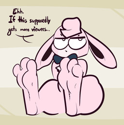 3_toes anthro barefoot black_inner_ear blue_bow bow_tie bow_tie_only chest_tuft dialogue feet floppy_ears foot_focus fur hair looking_away looking_up male male_anthro mostly_nude pattern_background pink_body pink_fur pink_hair simple_background sitting soles solo striped_background tan_background text thick_thighs toes tuft white_eyes thefablednekos nintendo pokemon wallabe_(thefablednekos) generation_1_pokemon pokemon_(species) wigglytuff 2021 digital_media_(artwork) english_text hi_res