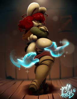 ambiguous_gender anthro anus assisted_exposure big_anus big_butt biped blue_hands boots bottomwear bottomwear_down brown_boots brown_clothing brown_footwear brown_freckles brown_legwear brown_nose brown_shoes brown_thigh_boots brown_thigh_highs butt butt_grab clothed clothed_anthro clothed_female clothing disembodied_hand duo female female/ambiguous female_anthro floor footwear freckled_face freckles fur genitals ghost_hand gloves green_clothing green_topwear hair hand_on_another's_butt hand_on_butt handwear humanoid_genitalia humanoid_vulva iris knee_boots knee_highs legwear looking_back monotone_body monotone_fur monotone_hair open_mouth pants pants_down partially_clothed partially_clothed_anthro partially_clothed_female pink_anus plantigrade pupils raised_heel rear_view red_bottomwear red_clothing red_eyes red_hair red_pants shocked shoes short_tail solo_focus sparkles spread_butt spread_vulva spreading standing tail thick_thighs thigh_boots thigh_highs topwear vulva white_body white_clothing white_fur white_gloves white_handwear white_sclera wide_hipped_anthro wide_hipped_female wide_hips wood wood_floor coffekat lagomorph leporid mammal rabbit 2025 english_description full-length_portrait hi_res portrait signature