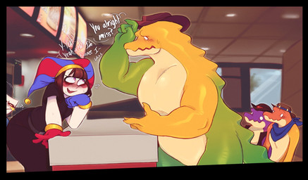 bedroom_eyes big_butt blush butt candy clothing cowboy_hat crush curvy_figure dessert dialogue fast_food fast_food_employee fast_food_restaurant fast_food_uniform female flustered food fool's_hat gloves group gummy_(food) handwear hat head_on_hand headgear headwear kerchief male mask multicolored_body musclegut muscular narrowed_eyes nervous nervous_smile restaurant seductive text sprinklecake00z glitch_productions spudsy's the_amazing_digital_circus chad_(tadc) gangle_(tadc) gummigoo_(tadc) max_(tadc) pomni_(tadc) alligator alligatorid animate_inanimate crocodilian digital_creature fabric_creature food_creature gummy_creature humanoid living_candy living_mask reptile scalie comic english_text hi_res