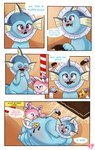 cake candy chocolate dessert dialogue duo feeding female feral food frill_(anatomy) morbidly_obese obese overweight ribbons_(anatomy) weight_gain fattyjakalope nintendo pokemon eeveelution generation_1_pokemon generation_6_pokemon pokemon_(species) sylveon vaporeon absurd_res comic hi_res