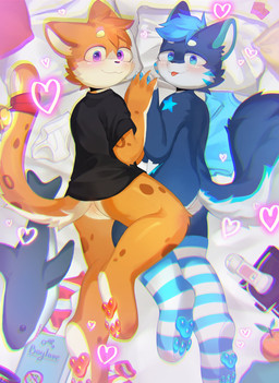 anthro bed bell blush bottomless clothed clothing duo furniture hand_holding male shirt tongue topwear young young_anthro young_male fur_alasky kimacats canid canine canis felid leopard mammal pantherine wolf absurd_res artist_collaboration hi_res