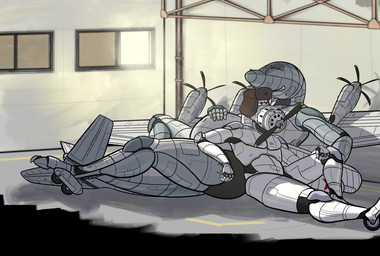 aircraft anthro biped bloated clothing duo female hangar hat headgear headwear inside living_aircraft living_machine living_vehicle machine male metallic_body top_kek_m9 vehicle