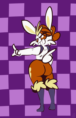 4_fingers anthro big_butt blue_body blue_fur butt checkered checkered_background female fingers fur gesture grin hair hand_gesture pattern_background pointing ponytail rear_view red_body red_fur red_hair red_sclera simple_background smile solo thick_thighs white_body white_eyes white_fur wide_hips yellow_body yellow_fur yellow_inner_ear thefablednekos nintendo pokemon olga_(thefablednekos) cinderace generation_8_pokemon lagomorph mammal pokemon_(species) 2022 dated digital_media_(artwork) hi_res