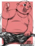 anthro belly bottomwear clothing cute_fangs drunk fangs humanoid_hands kemono male overweight overweight_anthro overweight_male shirt shorts sitting solo substance_intoxication teeth topwear kita_9999 mammal mustelid otter 2020 3:4 absurd_res hi_res sketch