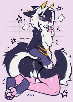 anthro anus black_body black_fur blush blush_lines butt chest_tuft clothed clothing ear_piercing eyelashes femboy fluffy fluffy_tail fur hair horn kneeling legwear long_eyelashes looking_back male markings pawpads paws piercing pink_anus pink_background pink_nose pink_pawpads pink_stockings presenting presenting_anus presenting_balls presenting_hindquarters rear_view simple_background solo stockings tail topless tuft white_body white_fur white_hair yellow_eyes yellow_horn yellow_markings alivion domestic_cat felid feline felis mammal 2025 colored_sketch digital_drawing_(artwork) digital_media_(artwork) flat_colors hi_res sketch