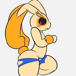 anthro black_sclera blush buckteeth butt clothing embarrassed fur gynomorph intersex long_ears orange_body orange_fur solo teeth transformation wardrobe_malfunction wide_hips sleepyly nintendo pokemon sleepy_(sleepyly) generation_4_pokemon lagomorph leporid lopunny mammal pokemon_(species) rabbit 1:1 hi_res