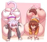 all_fours big_breasts big_butt blush blush_lines braided_hair breast_expansion breasts brown_hair butt butt_expansion clothing duo expansion female frown hair huge_breasts huge_butt huge_thighs hyper hyper_breasts looking_at_viewer motion_lines orange_eyes purple_eyes purple_hair short_hair smile smiling_at_viewer tail tail_motion tailwag thick_thighs torn_clothing wardrobe_malfunction borvar hololive vtuber inugami_korone okayu_nekomata animal_humanoid canid canid_humanoid canine canine_humanoid cat_humanoid dog_humanoid felid felid_humanoid feline feline_humanoid humanoid mammal mammal_humanoid 2024 hi_res