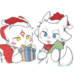 ambiguous_gender anthro blue_eyes blush christmas_clothing christmas_headwear clothing duo fur gift hat headgear headwear holding_gift holding_object holidays male multicolored_body multicolored_fur open_mouth red_body red_fur santa_hat simple_background tail white_background white_body white_fur yellow_eyes chano changed_(video_game) christmas mythology dragontim_(character) shizi_(changed) canid canine dragon fox furred_dragon furred_scalie mammal mythological_creature mythological_scalie scalie 1:1