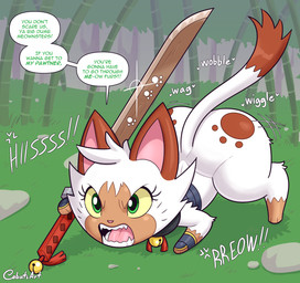 anthro bamboo bamboo_tree big_butt biped brown_body brown_fur brown_tail butt butt_jiggle dialogue exclamation_point eyelashes female footprint fur grass green_eyes hissing jiggling kamura_armor markings melee_weapon multicolored_tail pawpads pawprint pawprint_(marking) pink_nose plant protective shaking_butt solo sound_effects speech_bubble sword tail teeth text tongue tree weapon white_body white_fur white_tail yellow_sclera cobatsart capcom monster_hunter jennifur_(cobatsart) felid felyne lynian mammal palico 2025 digital_media_(artwork) english_text hi_res signature