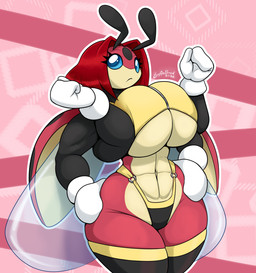 4_arms abs antennae_(anatomy) anthro big_breasts biped blue_eyes breasts clothing eyebrows eyelashes female hair hand_on_hip mouth_closed multi_arm multi_limb muscular muscular_anthro muscular_female pokemorph red_body red_hair solo standing wide_hips wings latiar nintendo pokemon shelly_(latiar) arthropod beetle cucujoid generation_2_pokemon insect ladybug ledian pokemon_(species) 2026 hi_res signature
