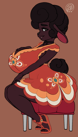 anthro big_breasts black_body black_fur black_hair black_wool breasts brown_background brown_body brown_hair brown_skin choker dark_body dark_skin eyebrows eyelashes feet female fur furniture hair hand_on_own_breast huge_breasts humanoid_feet jewelry lips looking_aside looking_at_viewer monotone_background necklace plantigrade side_view simple_background sitting smile solo stool tail thick_lips wool_(fur) wool_hair neozoa bovid caprine mammal sheep hi_res