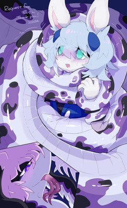 animal_ears anthro anthro_on_anthro bedroom_eyes blush blush_lines bodily_fluids clothed clothing coiling coiling_around_body coiling_around_neck female forked_tongue looking_pleasured male motion_lines narrowed_eyes restrained seductive serpentine shaking sweat sweatdrop tongue tongue_out winte ah_xin_(zhang_gun) xiaohen_(zhang_gun) lagomorph leporid mammal rabbit reptile scalie snake hi_res