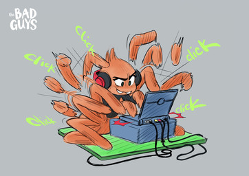 black_eyes computer electronics headphones orange_body simple_background sitting solo text chibetto dreamworks the_bad_guys ms._tarantula_(the_bad_guys) arachnid arthropod mygalomorph spider tarantula absurd_res concept_art hi_res official_art