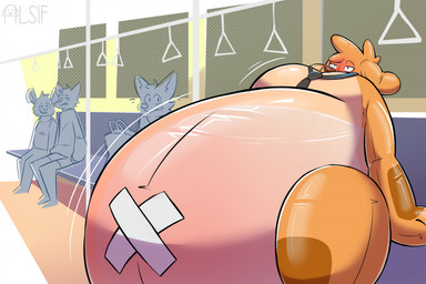 anthro belly big_belly blush bodily_fluids cum cum_inflation cum_inside duo excessive_cum excessive_genital_fluids genital_fluids inflatable inflation male male/male necktie non-euclidean_sex orange_body pool_toy portal_sex public public_nudity sex sitting thinking_with_portals train translucent translucent_body vehicle alsif_santoso alsif_santoso_(character) animate_inanimate canid canine canis domestic_dog living_inflatable mammal hi_res