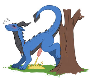 anthro bodily_fluids embarrassed feral genital_fluids genitals male male_peeing peeing peeing_on_ground penis plant solo sweat sweatdrop tree urine urine_on_ground backlasch mythology alenn dragon mythological_creature mythological_scalie scalie hi_res unavailable_at_source