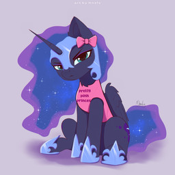 1_horn :< blue_hair blue_tail clothed clothed_feral clothing eyelashes feathered_wings feathers female female_feral feral frown hair head_bow highlights_(coloring) hooves horn monotone_background pink_bow pink_clothing pink_shirt pink_topwear purple_background purple_body purple_highlights purple_hooves purple_horn purple_wings quadruped shirt simple_background sitting solo spiral_horn tail teal_eyes text text_on_clothing text_on_shirt text_on_topwear topwear wings nnalyart friendship_is_magic hasbro my_little_pony mythology nightmare_moon_(mlp) equid equine mammal mythological_creature mythological_equine winged_unicorn 1:1 absurd_res digital_drawing_(artwork) digital_media_(artwork) english_text hi_res krita_(artwork) paintstorm_(artwork) shaded