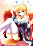 blonde_hair blue_eyes blush breasts cleavage clothed clothing female hair heart_symbol legwear long_hair looking_at_viewer sitting smile solo tail thigh_highs naomi_(sekai_no_hate_no_kissaten) aoi_futaba animal_humanoid canid canid_humanoid canine canine_humanoid fox fox_humanoid humanoid mammal mammal_humanoid hi_res