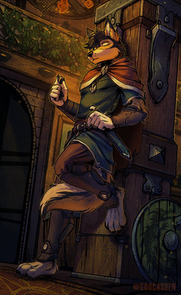 4_toes 5_fingers against_surface anthro armor barefoot belt biped black_body black_fur black_nose bracers cape carpet claws clothed clothed_anthro clothed_male clothing coin countershade_face countershade_tail countershading dagger detailed_background dipstick_ears ear_markings fantasy fantasy_clothing feet fingerpads fingers fluffy fluffy_tail fully_clothed fully_clothed_anthro fully_clothed_male fur inside jewelry leather leather_armor light looking_away male markings medieval melee_weapon multicolored_ears orange_eyes pawpads plantigrade sheathed_weapon shield shirt solo swept_hair tail tan_body tan_countershading tan_fur text three-quarter_view toe_claws toes topwear weapon goocasden dannydumal canid canine canis mammal wolf 2026 absurd_res artist_name detailed digital_drawing_(artwork) digital_media_(artwork) full-length_portrait hi_res lighting portrait shaded warm_colors