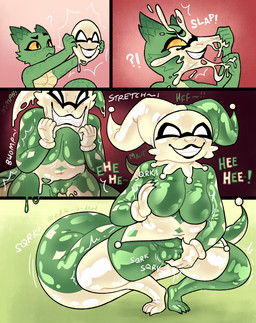anthro bound breast_growth breasts clothing encasement female fool's_hat goo_transformation grin growth harlequin hat headgear headwear laugh mask mask_transformation masturbation mental_transformation question_mark smile solo text transformation transformation_sequence vaginal vaginal_masturbation edith_is_dead flurp kobold scalie absurd_res comic hi_res source_request