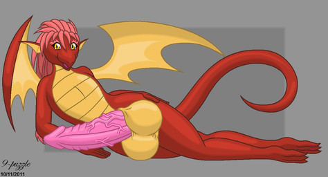 3_toes animal_genitalia animal_penis anthro anthrofied balls beak big_balls big_penis biped curled_tail erection feet femboy frill_(anatomy) genitals hair hand_on_leg hand_on_thigh huge_balls huge_penis hyper hyper_balls hyper_genitalia hyper_penis looking_at_viewer lying male membrane_(anatomy) membranous_frill membranous_wings nude on_side penis pink_hair pink_penis pose red_body red_skin ribbed_penis scales solo tail toes vein veiny_penis wings yellow_body yellow_eyes yellow_scales 9-puzzle hasbro my_little_pony reptile scalie 2011 character_request pinup