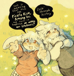 anthro blush breasts clothed clothing duo female flower fur fur_tuft grass hair hoodie long_ears long_hair male plant short_ears small_tail speech_bubble tail text topwear tuft white_body white_fur nessiemooo lagomorph leporid mammal rabbit colored english_text hi_res