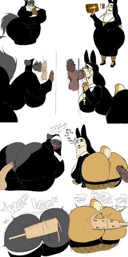 anthro anus big_breasts big_butt big_penis bodily_fluids breasts butt butt_jiggle butt_slap clothing contact_onomatopoeia erection female genitals group huge_breasts huge_butt imminent_anal impact_onomatopoeia jiggling male male/female nun onomatopoeia oral oral_penetration paddle penetration penis saliva seductive slap sound_effects spanking text thick_thighs torn_clothing whap masterj291 thehoneybutter llama_mama_(thehoneybutter) slyrray_(masterj291) camelid domestic_cat felid feline felis llama mammal 2021 digital_media_(artwork) drawpile_(artwork) hi_res