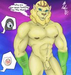 abs anime_nosebleed anthro balls big_muscles big_nose big_pecs blonde_hair blood blue_eyes blush blush_lines bodily_fluids brown_nipples brown_nose casual_exposure casual_nudity clothing crown crown_only dialogue exposed eyebrows fangs female flaccid foreskin fur genitals gloves_(marking) green_body green_scales group hair hat hat_only headgear headgear_only headwear headwear_only humanoid_genitalia humanoid_penis king male mane mane_hair markings mostly_nude muscular muscular_anthro muscular_male navel nipples nosebleed nude pecs penis pointy_ears prick_ears pubes pupils royalty scales sharp_teeth slit_pupils speech_bubble standing teeth text thick_thighs thought_bubble yellow_balls yellow_body yellow_fur yellow_penis geekgory adventure_time cartoon_network european_mythology greek_mythology mythology finn_the_human marceline_abadeer vampire_king chimera demon demon_humanoid felid human humanoid hybrid lion mammal mythological_chimera mythological_creature pantherine vampire colored english_text hi_res portrait shaded signature simple_shading three-quarter_portrait