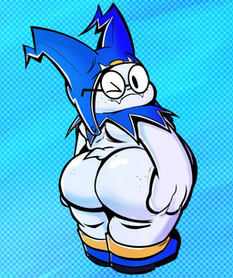 ambiguous_gender big_butt blue_boots blue_clothing blue_footwear blue_hat blue_headwear boots butt clothing eyewear footwear glasses hat headgear headwear looking_at_viewer mostly_nude one_eye_closed overweight rear_view shoes solo tail wink ream_n_cream atlus megami_tensei sega jack_frost_(megami_tensei) demon humanoid imp tailed_humanoid hi_res