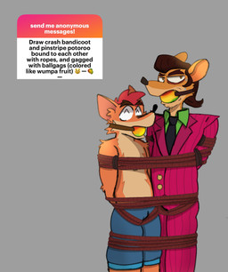 annoyed anthro ball_gag bdsm bondage bound clothed clothing duo fur gag gagged hands_behind_back happy male male/male necktie restraints rope simple_background stuck_together suit text mrpawpaw activision crash_bandicoot_(series) ngl pinstripe_potoroo bandicoot mammal marsupial digital_media_(artwork) english_text hi_res