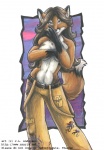 anthro belt biped black_body black_fur bottomwear breasts brown_hair canid canine cargo_pants clothed clothing covering covering_breasts covering_self dipstick_ears dipstick_tail do_not_distribute female fox front_view fur gloves_(marking) hair jennifer_l_anderson long_hair looking_at_viewer mammal markings multicolored_ears multicolored_tail orange_body orange_fur pants solo standing suspenders tail tail_markings topless white_tail
