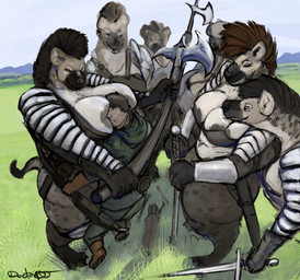 anthro areola areola_slip big_breasts black_hair black_nose breasts brown_body brown_fur brown_hair clothed clothing female female_anthro female_on_human fur group hair halberd human_on_anthro interspecies male male/female male_human male_on_anthro markings melee_weapon polearm spots spotted_body spotted_fur sword weapon doctordj gnoll human hyena mammal spotted_hyena hi_res