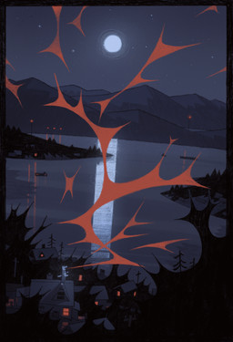anthro building clothed clothing detailed_background ear_piercing facial_piercing female glistening house howling_at_the_moon lake moon mountain night nose_piercing nose_ring piercing reflection ring_piercing solo star water water_reflection lundi canid canine canis mammal wolf comic hi_res