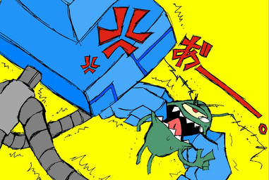 duo fangs female for_a_head machine male screen screen_face simple_background teeth television_head yellow_background isakiv nickelodeon spongebob_squarepants karen_plankton sheldon_j._plankton aquatic object_head plankton_(species) robot screen_head