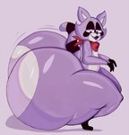 anthro big_butt black_eyelids black_nose black_tail bubble_butt butt grey_inner_ear huge_butt huge_thighs hyper hyper_butt kerchief kerchief_only looking_at_viewer male markings mostly_nude motion_lines neckerchief neckerchief_only neckwear open_mouth open_smile purple_background purple_body purple_ears purple_eyes purple_tail purple_tongue red_kerchief red_neckerchief sharp_teeth side_view simple_background smile smiling_at_viewer solo striped_markings striped_tail stripes tail tail_markings teeth thick_thighs tongue wide_hips yoshuacomoyoshu indigo_park rambley_raccoon mammal procyonid raccoon 2024 colored digital_media_(artwork) hi_res shaded