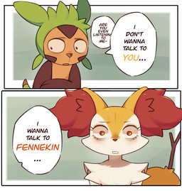 ambiguous_anthro ambiguous_gender anthro brown_body dialogue duo eyebrows eyelashes female fur green_body inner_ear_fluff looking_down male multicolored_body multicolored_fur nude_ambiguous nude_anthro open_mouth orange_body orange_fur orange_inner_ear_fluff orange_nose speech_bubble standing text tuft white_body white_fur yellow_body yellow_fur svkhaiminh nintendo pokemon starters_(movieunleashers) chespin_(starters) fennekin_(starters) braixen canid chespin generation_6_pokemon mammal pokemon_(species) 2026 colored comic digital_drawing_(artwork) digital_media_(artwork) english_text hi_res shaded