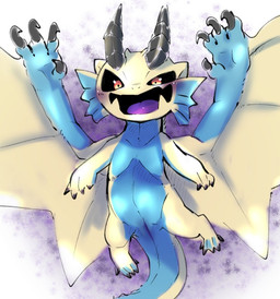 black_sclera blue_body blue_scales blush chibi claws fangs frill_(anatomy) gold_scales horn membrane_(anatomy) membranous_wings multi_arm multi_limb scales simple_background smile solo spread_wings tail teeth winged_arms wings yellow_body doneru capcom monster_hunter mythology dragon elder_dragon monster mythological_creature mythological_scalie scalie shagaru_magala