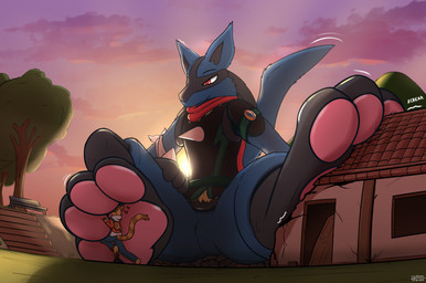 anthro blue_body blue_fur brown_body brown_fur butt clothing duo extreme_size_difference feet foot_fetish foot_play fur horn interspecies larger_male licking macro male male/male orange_body orange_fur pawpads paws pokephilia rubbing scarf size_difference smaller_male smile sunset tail text toes tongue trainer worship drunkarcher nintendo pokemon eric_(drunkarcher) animal_humanoid canid canine generation_4_pokemon humanoid lucario mammal pokemon_(species) absurd_res hi_res