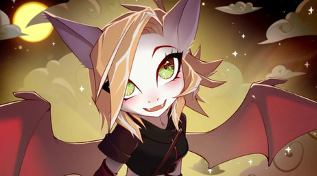 anthro blonde_hair clothed clothing cloud detailed_background fangs female fully_clothed green_eyes hair long_ears looking_at_viewer midriff moon red_eyes smile solo teeth white_body wings amarihel hasbro my_little_pony bat_pony equid equine horse mammal pony vampire animated digital_media_(artwork) hi_res high_framerate no_sound short_playtime video